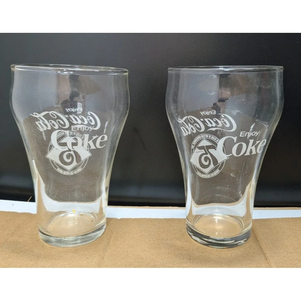 Set of 2 75th Anniversary Coca Cola Enjoy Coke Clear Juice Glasses 10 oz Vintage